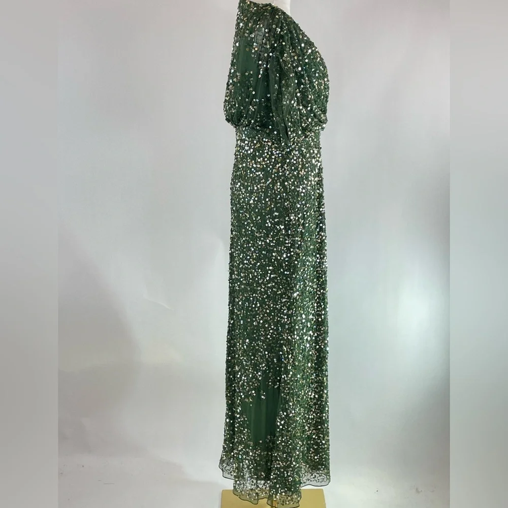 Ieena for Mac Duggal Draped Sleeve Emerald Sequin Gown, 4 - Picture 7 of 10